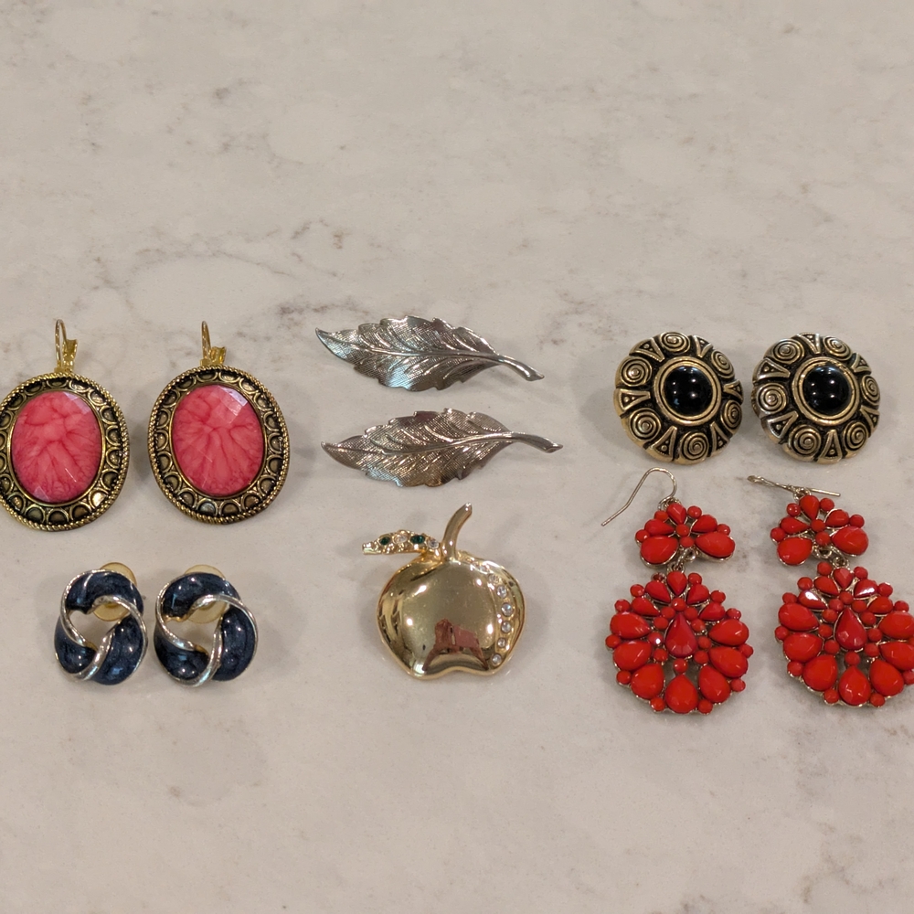 Chic Multicolor Women's Set Of 6 Pairs.4 Earrings, 1Clips On Earrings & 1 Brooch